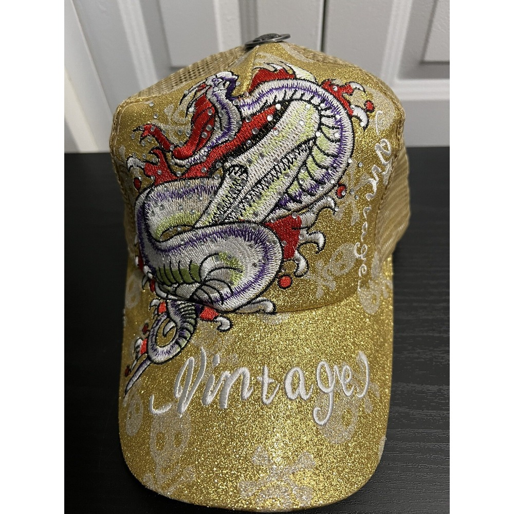 Vintage Snapback Trucker Hat Mesh Gold Glitter White Red Snake Crossbones Rare
